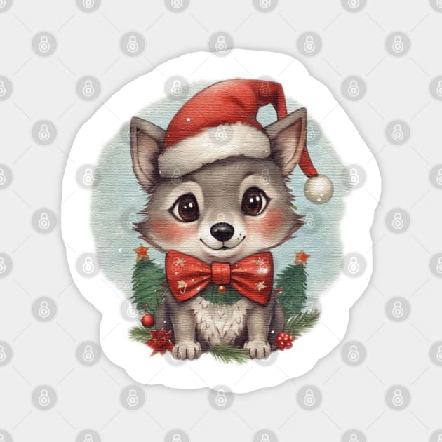 cute little Wolf cub wearing a santa hat Magnet by JnS Merch Store