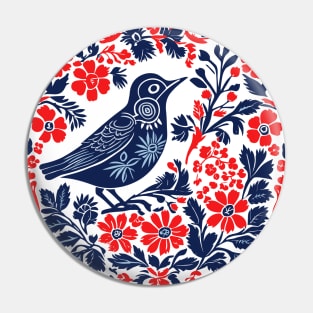 Blue and red Bird and Flowers Scandinavian Folk Art Pin