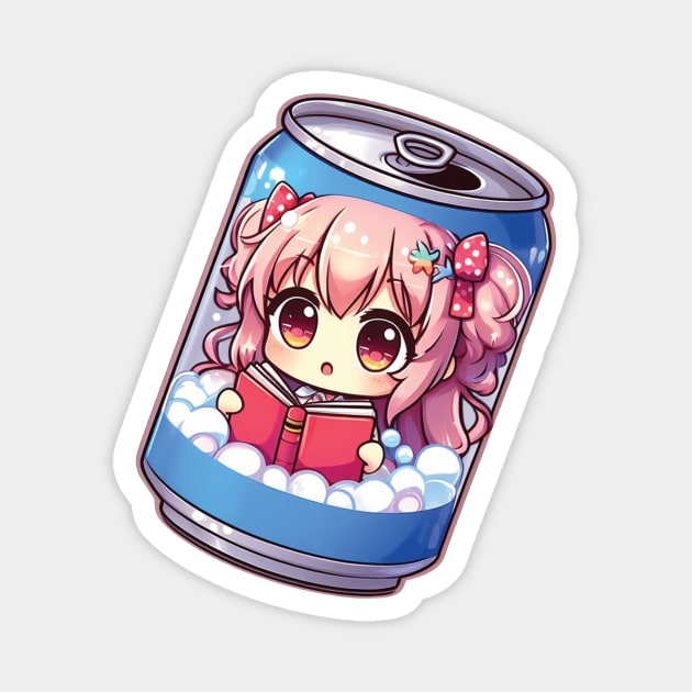 Anime Girl reading a book inside a soda can Magnet by blue-koala