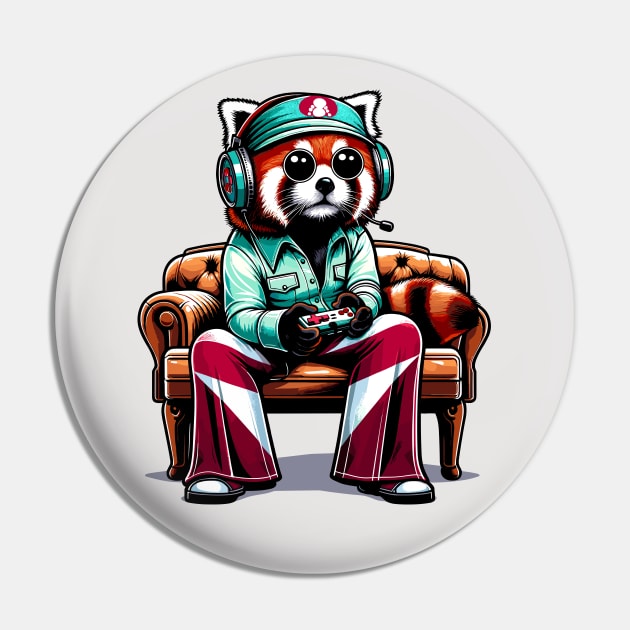 Red Panda gamer - Retro Gaming Bliss Pin by TimeWarpWildlife