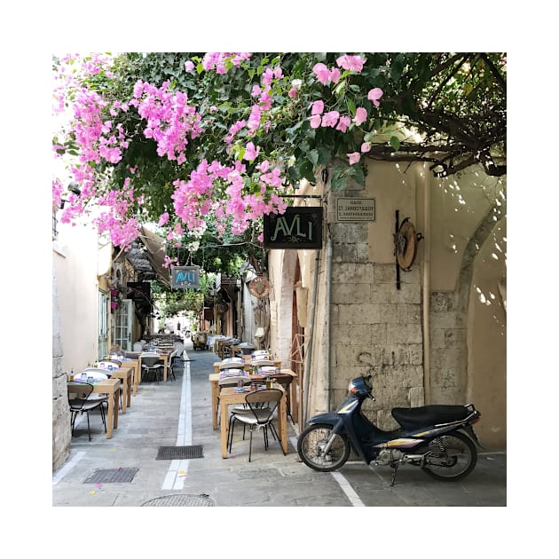 Greek street with pink blossom by Melissa Peltenburg Travel Photography