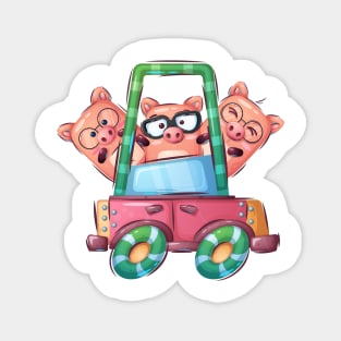 Funny 3 family Pigs in a car cartoon Magnet