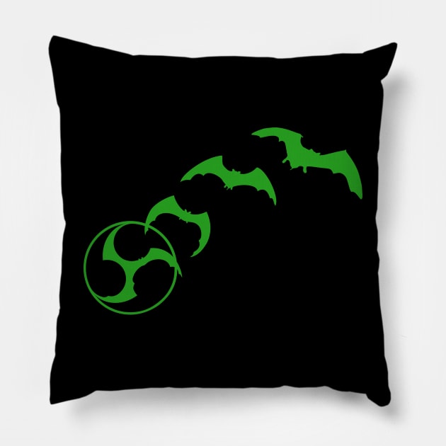 Bat Mitsudomoe green Pillow by Austin Taiko
