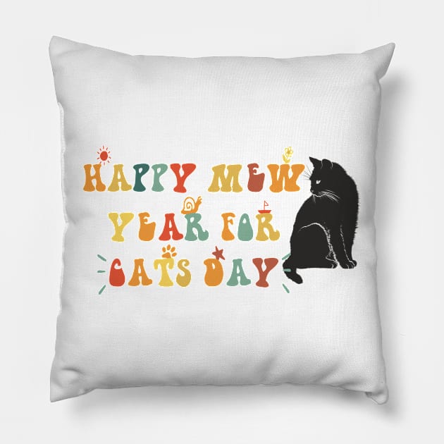 Happy Mew Year for Cats Day, Black cat Pillow by Snoozy