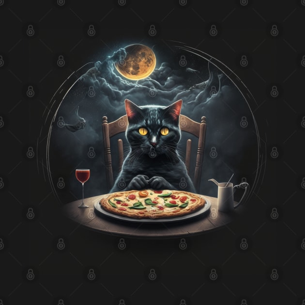 Black Cat Eating Pizza by DreamMeArt