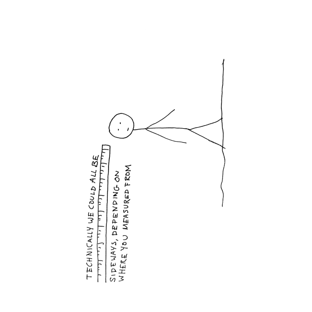 "technically we could all be sideways, depending on where you measured from" sadbook collections perspective comic by NoelleNotions