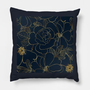 Elegant Gold Roses Floral Drawing Blue Design Pillow