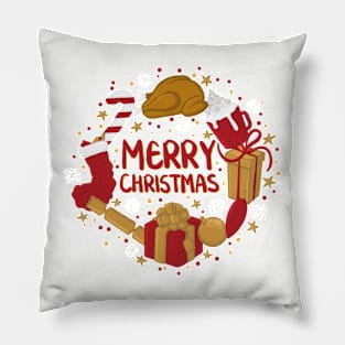 Merry Christmas Gifts Turkey Stocking Lettering Digital Illustration Pillow