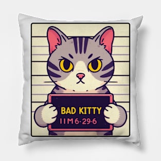 Mugshot Drawing of Bad Kitty in Jail Pillow