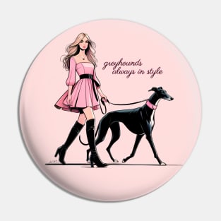 Pretty Lady in Pink Walking Greyhound Pin