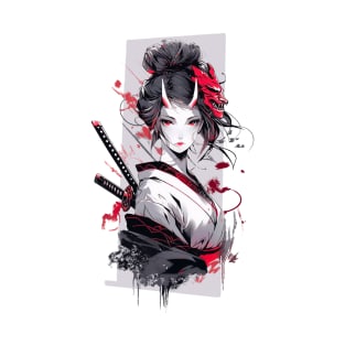 Beautiful girl with horns,  katana,Asian drawing T-Shirt