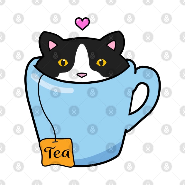 Sweet tuxedo cat sitting in a blue cup of tea by Purrfect