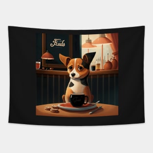 Super Cute Dog in French Bistro Coffee Illustration Tapestry