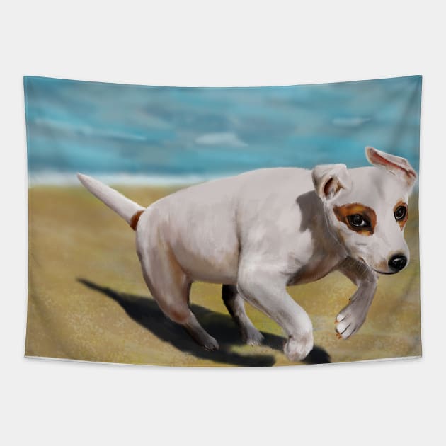 Beautiful Little White Chihuahua Running on The Beach Tapestry by ibadishi