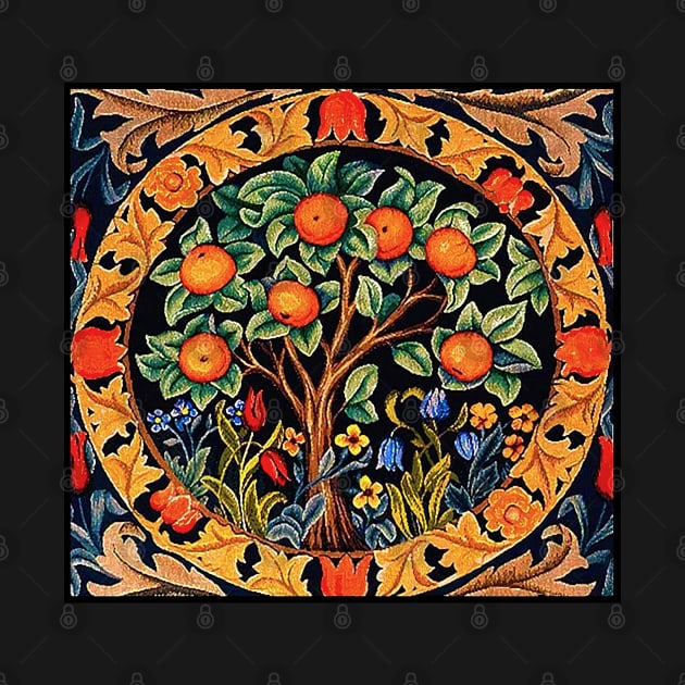 ORANGE TREE WITH GREEN LEAVES ,FRUIT BRANCHES,FLOWERS Art Nouveau Floral in Black by BulganLumini