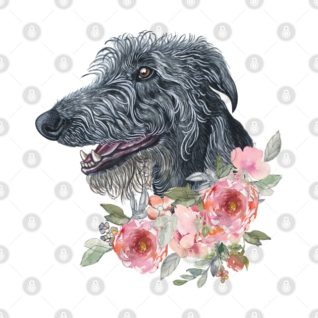 Scottish Deerhound Dog with Flowers  Illustration Art by AdrianaHolmesArt