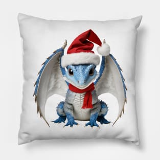Adorable Blue Baby Dragon Wearing a Red Festive Christmas Hat Pillow