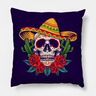 Day of the Dead Skull with Sombrero, Roses and Cactus Pillow