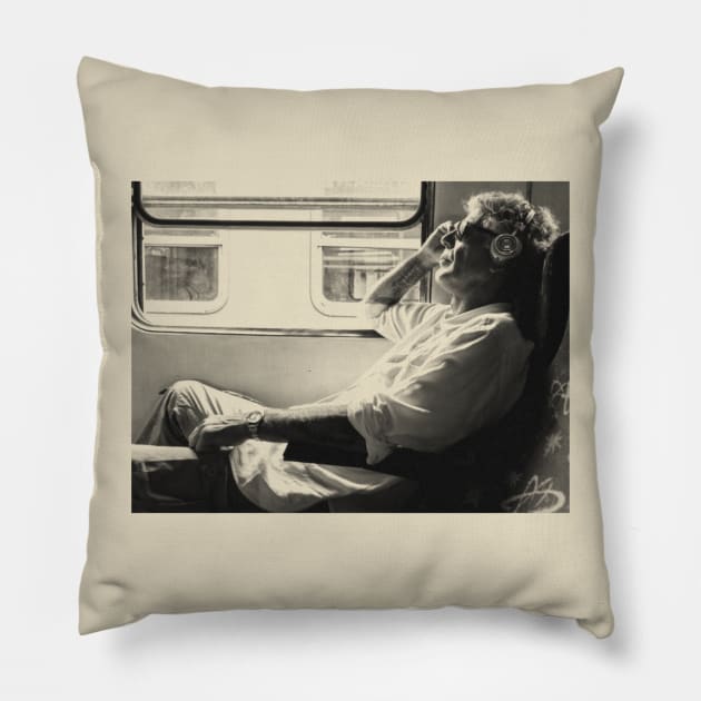 Anthony Bourdain on the Train Pencil Drawing Pillow by Unfluid