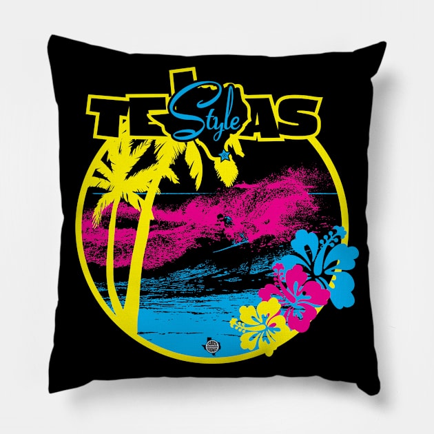 Texas Style Surfer with Palm Trees in CMYK Pillow by CamcoGraphics