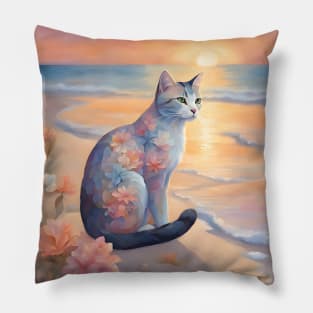 Floral Pastel Cat With Beach Sunset Pillow