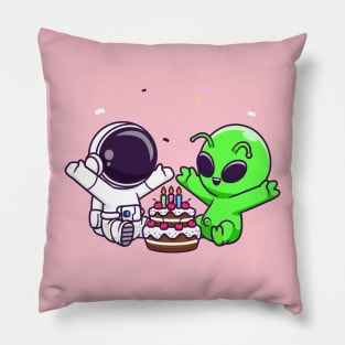 Cute Astronaut And Alien With Birthday Cake Cartoon Pillow