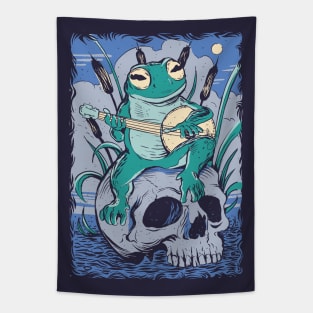 Creepy Cottage Core Banjo Frog on a Skull Tapestry