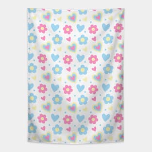 Retro Flowers and Hearts Pattern in Pink, Yellow, Light Blue Tapestry