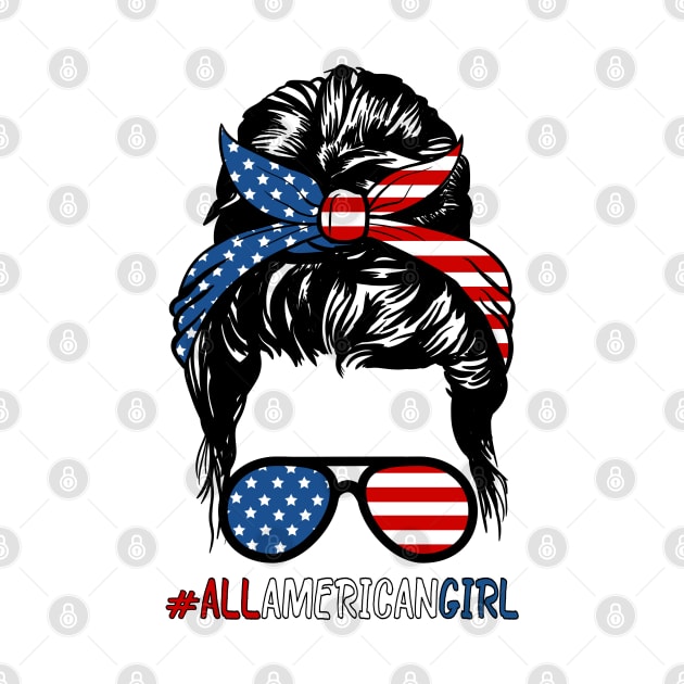 All American Girl 4th Of July Shirt Women Messy Bun USA Flag by Medaze