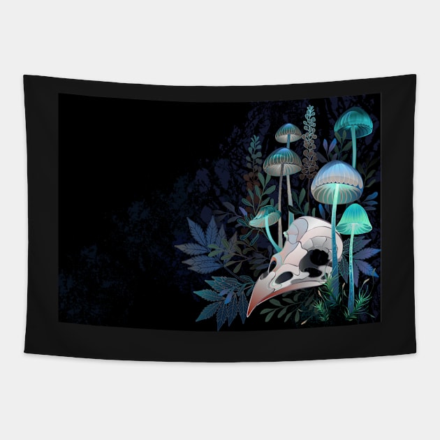 Bird Skull with Mushrooms Tapestry by Blackmoon9