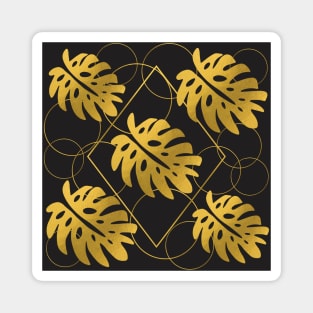 Golden Monstera Leaves Pattern on Black Magnet