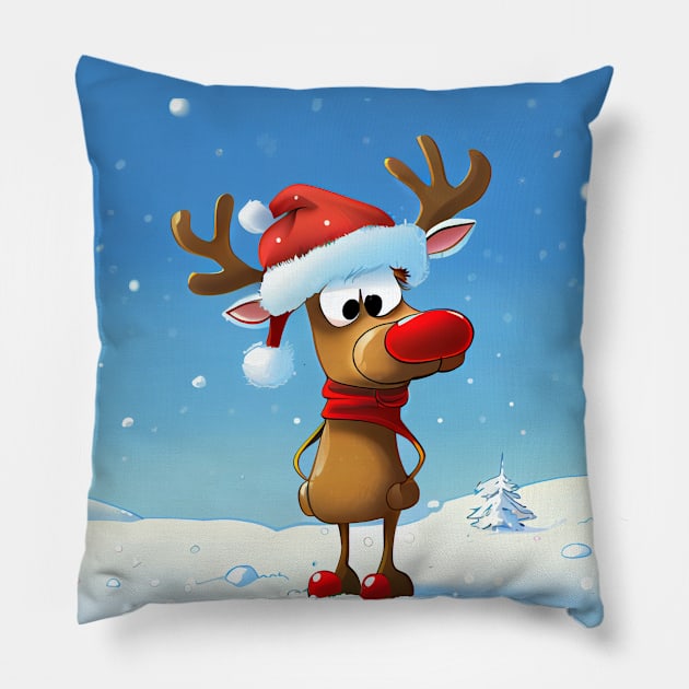 Reindeer with Santa Hat and Red Scarf Standing and Waiting for Christmas Pillow by KOTOdesign