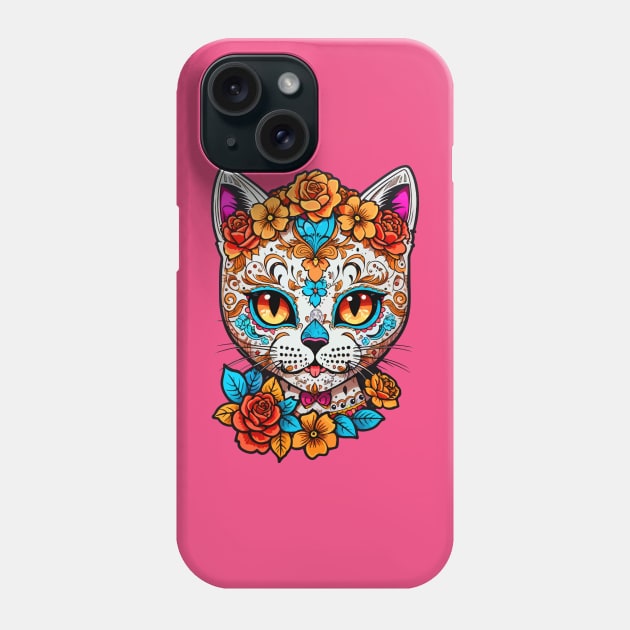 Sugar Skull Cat  Halloween Phone Case by CatCoconut-Art