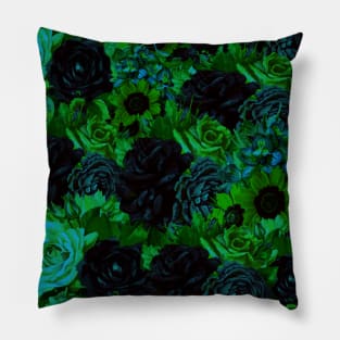 black and green flower pattern textile design Pillow