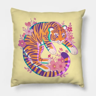 Colorful cartoon tiger with pink flowers Pillow