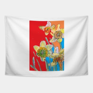 Abstract Yellow Daffodil Watercolor Pattern on Red, Orange and Blue Tapestry