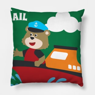 Cute bear the animal sailor on the boat with cartoon style. Pillow