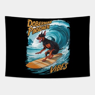 Doberman Pinscher Surfer Riding Tropical Wave Tapestry