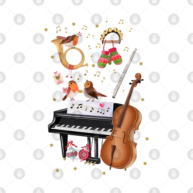 Christmas with winter birds and music instruments by CalliLetters