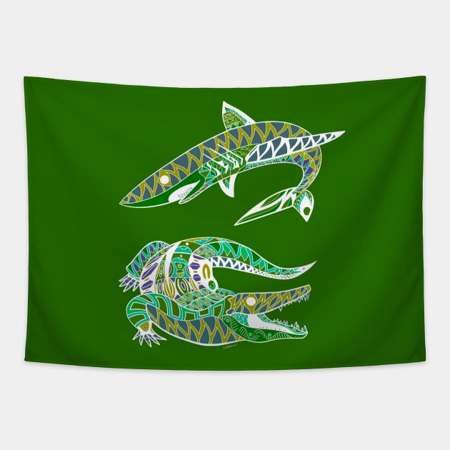 the kingdom in chaos, the shark and the gator Tapestry by jorge_lebeau