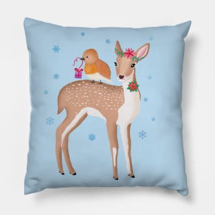 Christmas red deer and robin Pillow