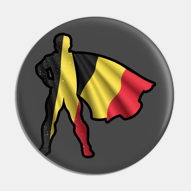 Belgium Hero Wearing Cape of Belgian Flag and Peace in Belgium Pin by Mochabonk