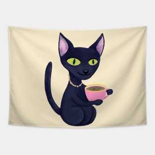 Cute Black Cat Drinking Coffee Tapestry