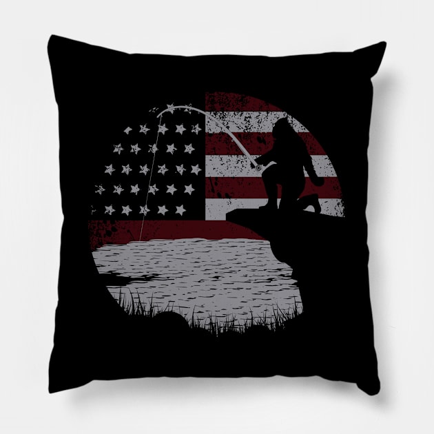 Bigfoot Fishing American Flag Pillow by Tesszero