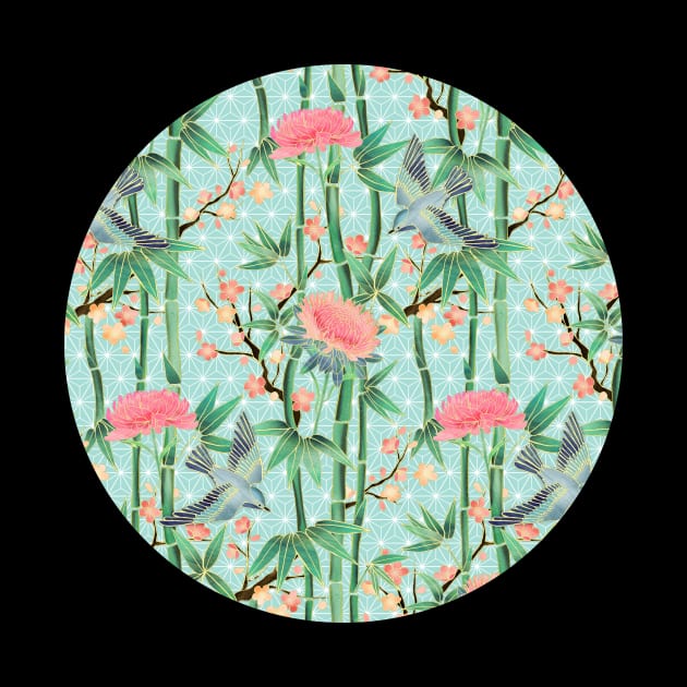 Bamboo, Birds and Blossom - soft blue green by micklyn