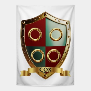 Cox Family Shield   Golden Rings and Quartered Shield with Proud Banner Tapestry