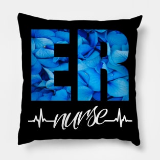 ER Nurse Heartbeat Blue Flower Pillow