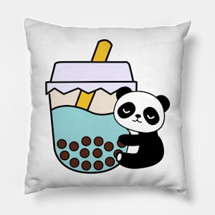 Adorable Panda Baby Bubble Tea Hug Kawaii Blue Pillow