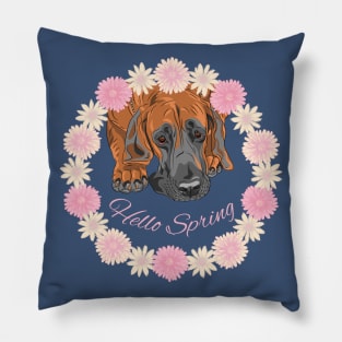 Hello Spring with Great Dane Dog in Flower Wreath Pillow