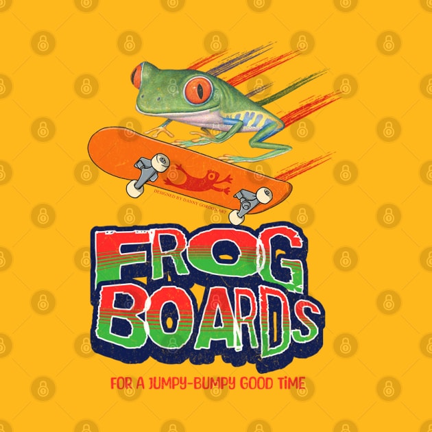 Cute and Funny red eyed tree frog is having a good time on a skateboard with frog boards having a jumpy and bumpy good time by Danny Gordon Art